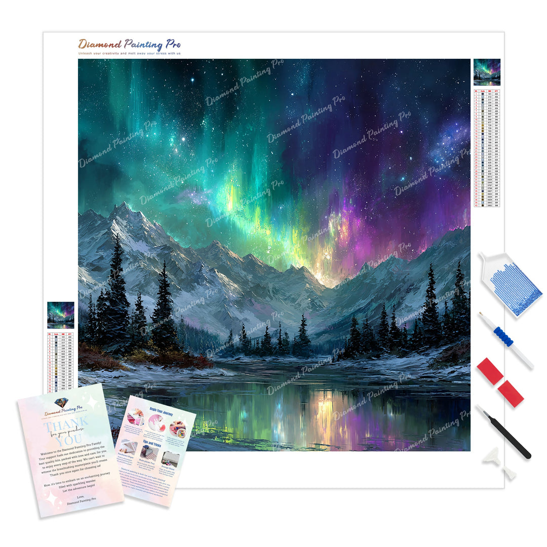 Aurora Mountain Diamond Painting Kit - Full Drill / Square or Round Diamonds with AB Drills Option