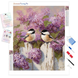 Chickadees and Lilac Diamond Painting Kit - Full Drill / Square or Round Diamonds with AB Drills Option
