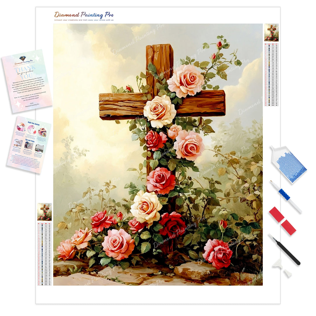 Cross of Roses Diamond Painting Kit - Full Drill / Square or Round Diamonds with AB Drills Option