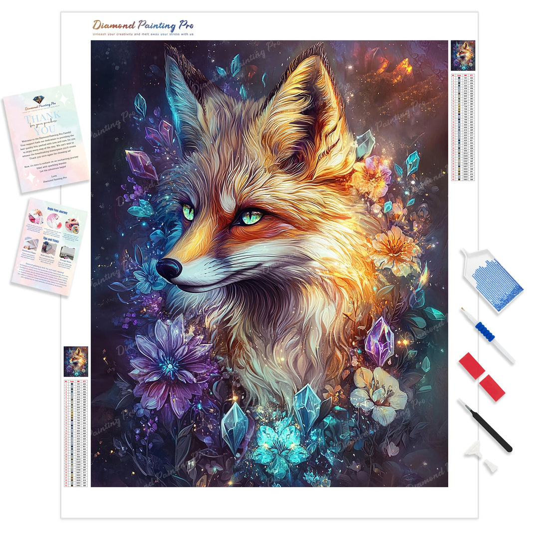 Crystal Bloom Fox Diamond Painting Kit - Full Drill / Square or Round Diamonds with AB Drills Option