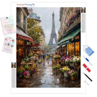 Eiffel Flower Market Diamond Painting Kit - Full Drill / Square or Round Diamonds with AB Drills Option