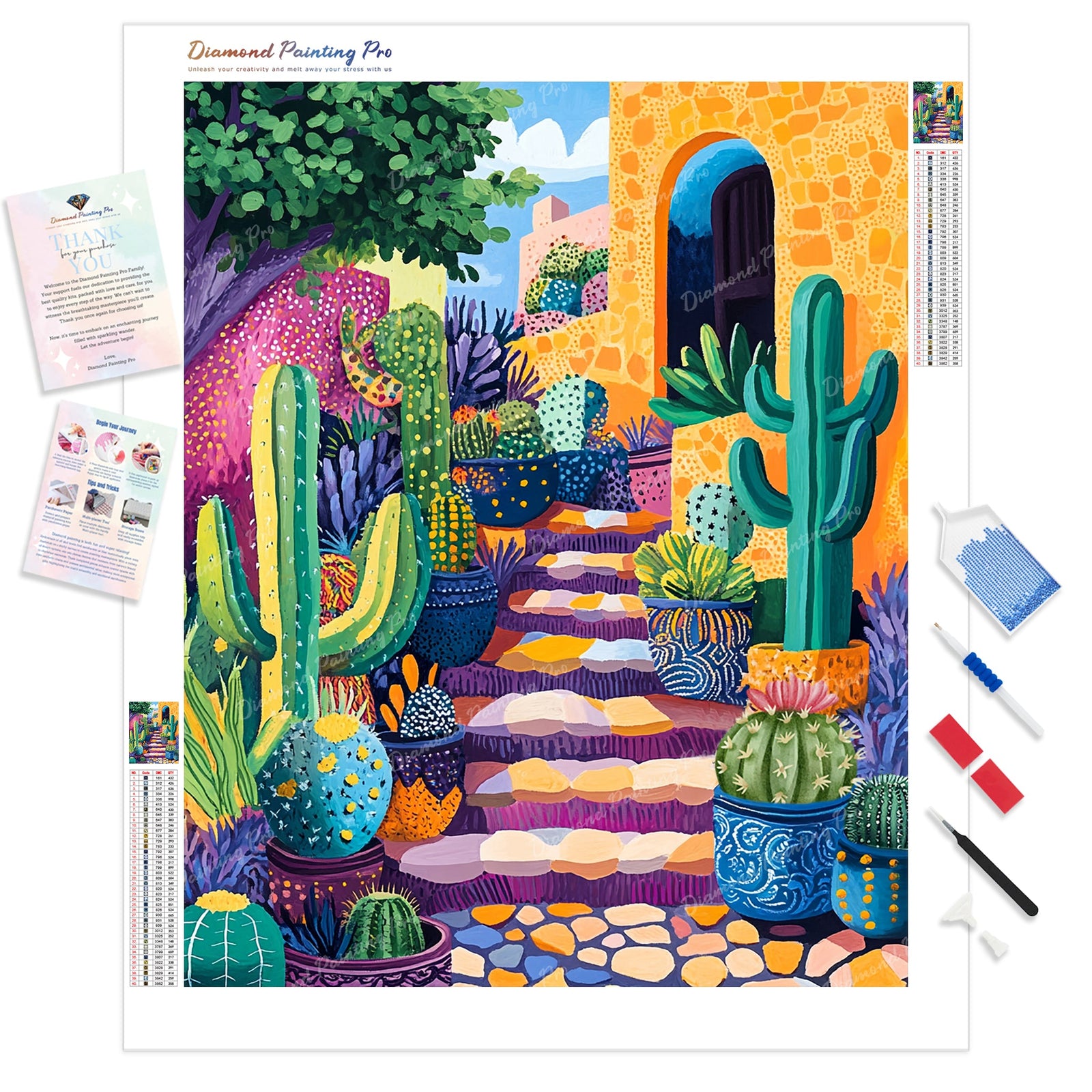 Fiesta Cactus Path Diamond Painting Kit - Full Drill / Square or Round Diamonds with AB Drills Option