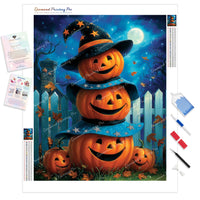 Jack-o-Lantern Trio Diamond Painting Kit - Full Drill / Square or Round Diamonds with AB Drills Option
