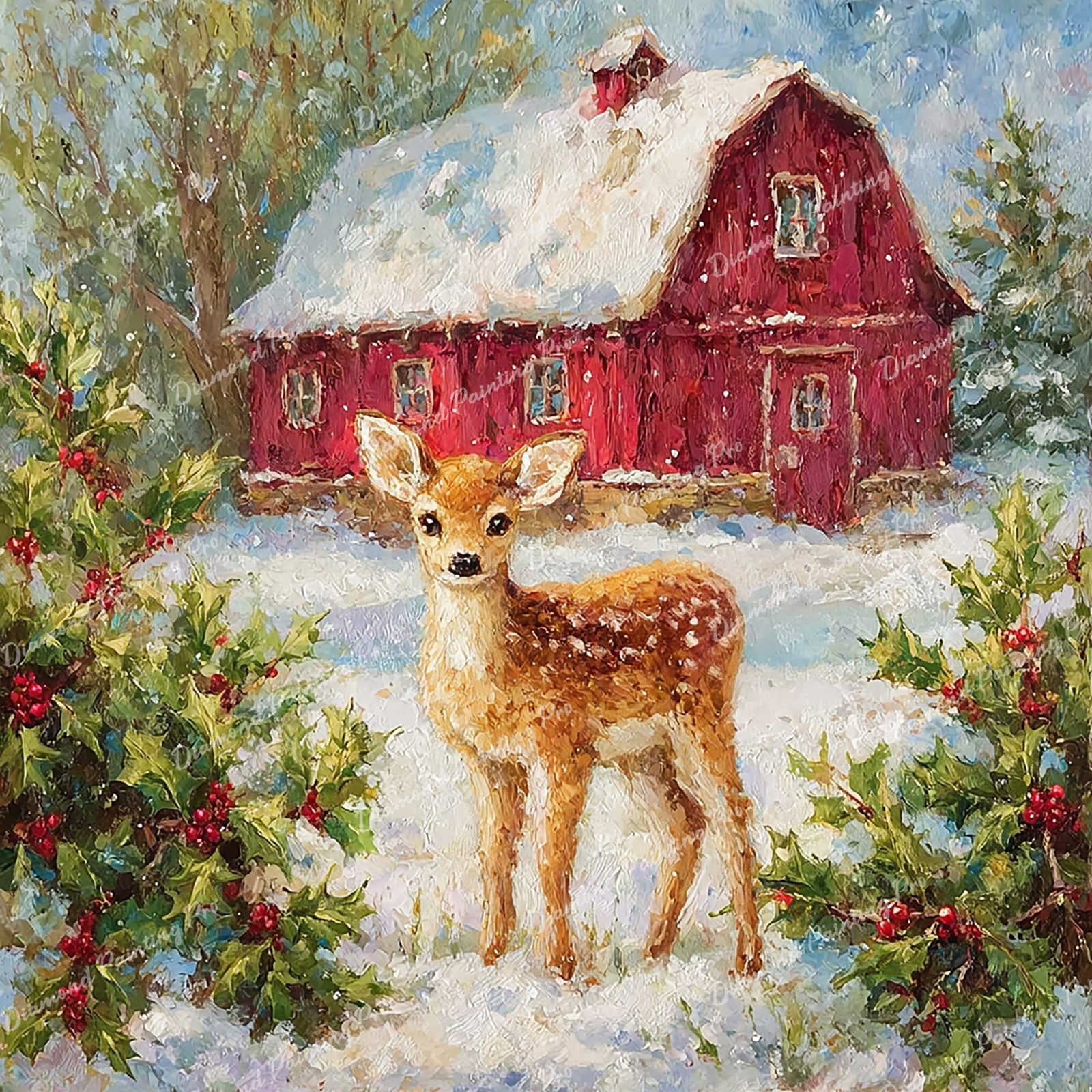 Holly Berry Fawn Diamond Art Design - Full Drill with 5d Square or Round Diamonds / AB Drills Available