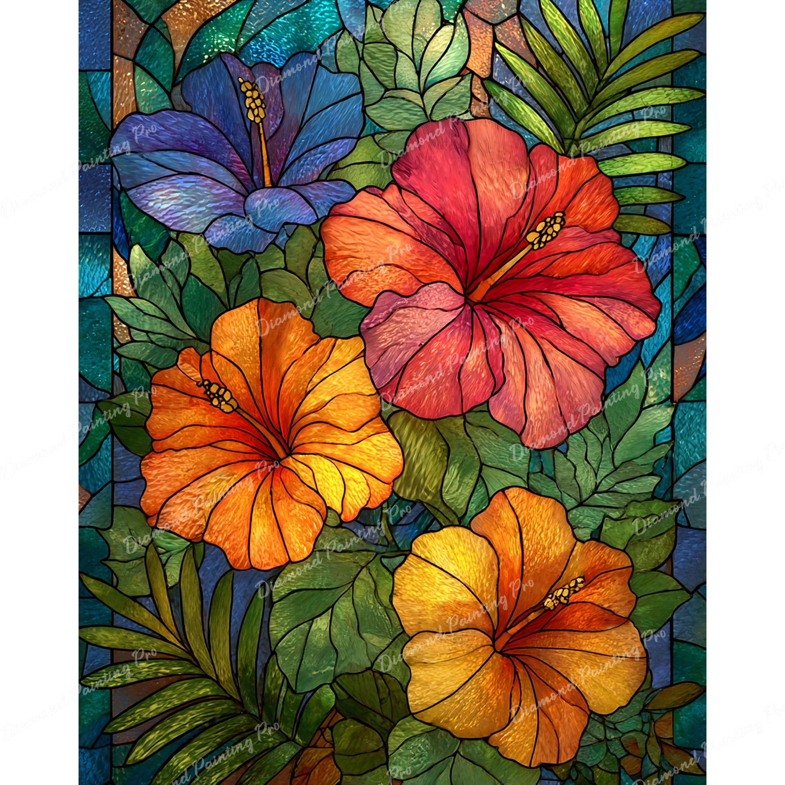 Stained Glass Hibiscus Diamond Art Design - Full Drill with 5d Square or Round Diamonds / AB Drills Available