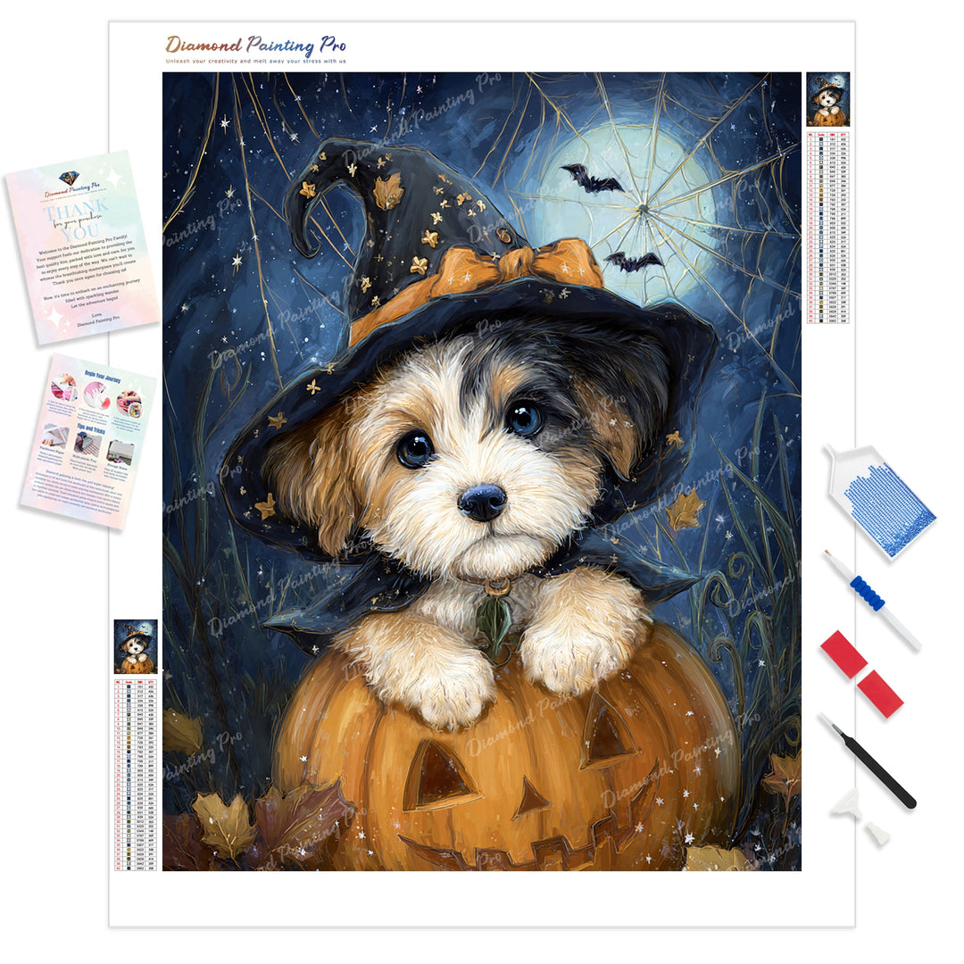 Little Witch Pup Diamond Painting Kit - Full Drill / Square or Round Diamonds with AB Drills Option
