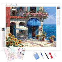 Mediterranean Cafe Diamond Painting Kit - Full Drill / Square or Round Diamonds with AB Drills Option