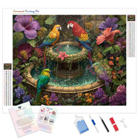 Parrots and Fountain Diamond Painting Kit - Full Drill / Square or Round Diamonds with AB Drills Option