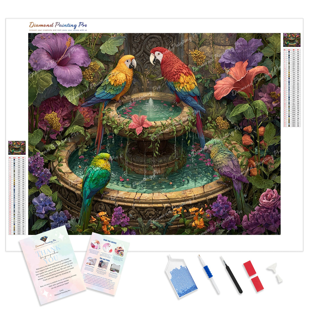 Parrots and Fountain Diamond Painting Kit - Full Drill / Square or Round Diamonds with AB Drills Option