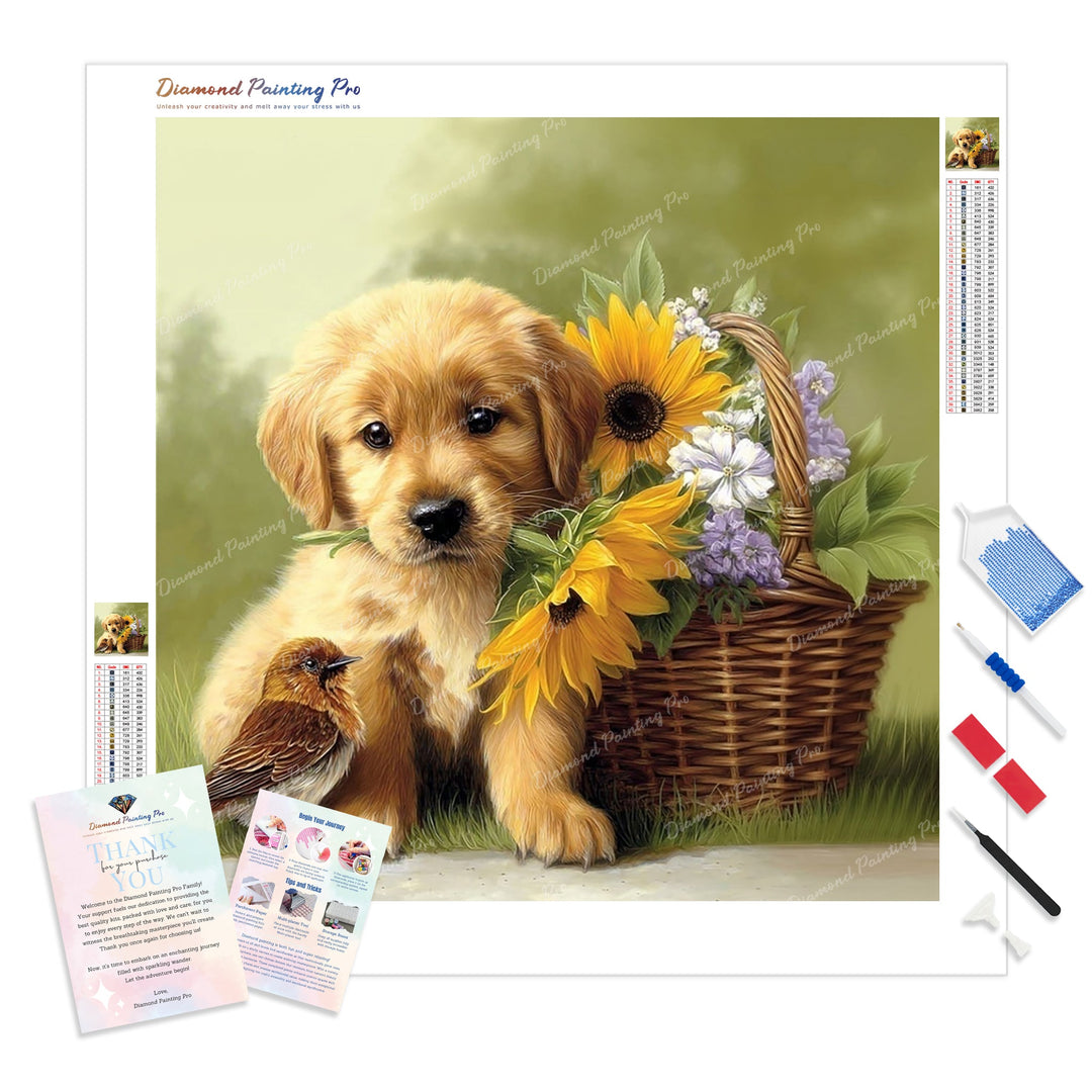 Puppy's First Friend Diamond Painting Kit - Full Drill / Square or Round Diamonds with AB Drills Option