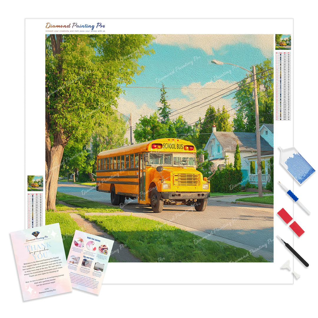 School Bus Ride Diamond Painting Kit - Full Drill / Square or Round Diamonds with AB Drills Option