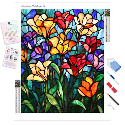 Stained Glass Flowers Diamond Painting Kit - Full Drill / Square or Round Diamonds with AB Drills Option