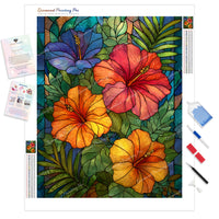 Stained Glass Hibiscus Diamond Painting Kit - Full Drill / Square or Round Diamonds with AB Drills Option