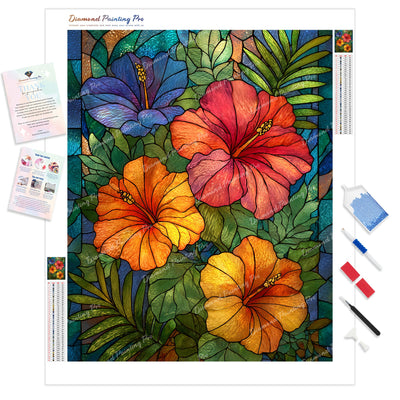 Stained Glass Hibiscus Diamond Painting Kit - Full Drill / Square or Round Diamonds with AB Drills Option