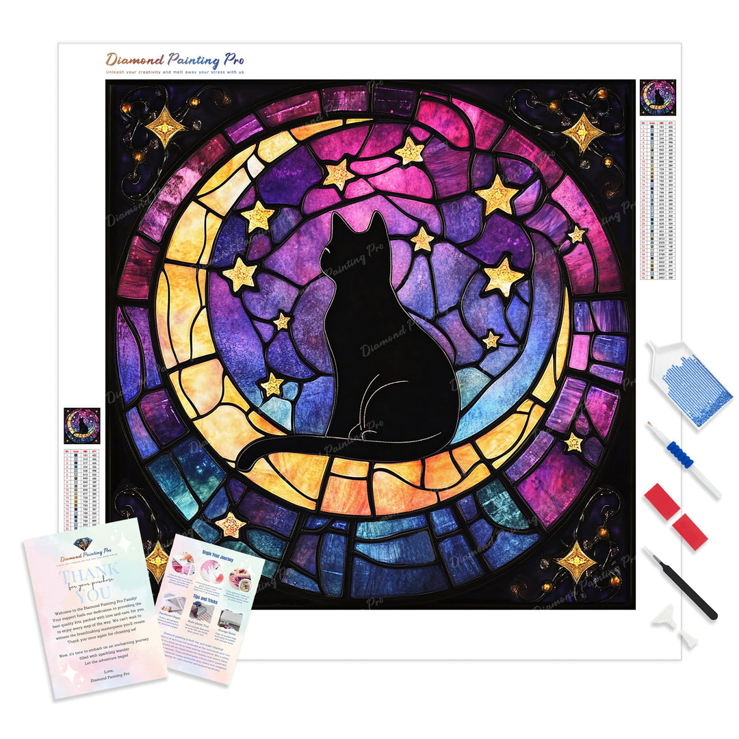Stained Glass Lunar Cat Diamond Painting Kit - Full Drill / Square or Round Diamonds with AB Drills Option