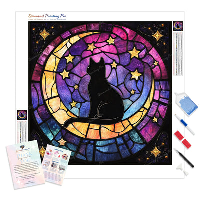 Stained Glass Lunar Cat Diamond Painting Kit - Full Drill / Square or Round Diamonds with AB Drills Option