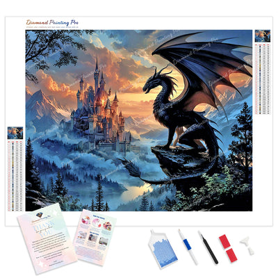 Twilight Castle Dragon Diamond Painting Kit - Full Drill / Square or Round Diamonds with AB Drills Option