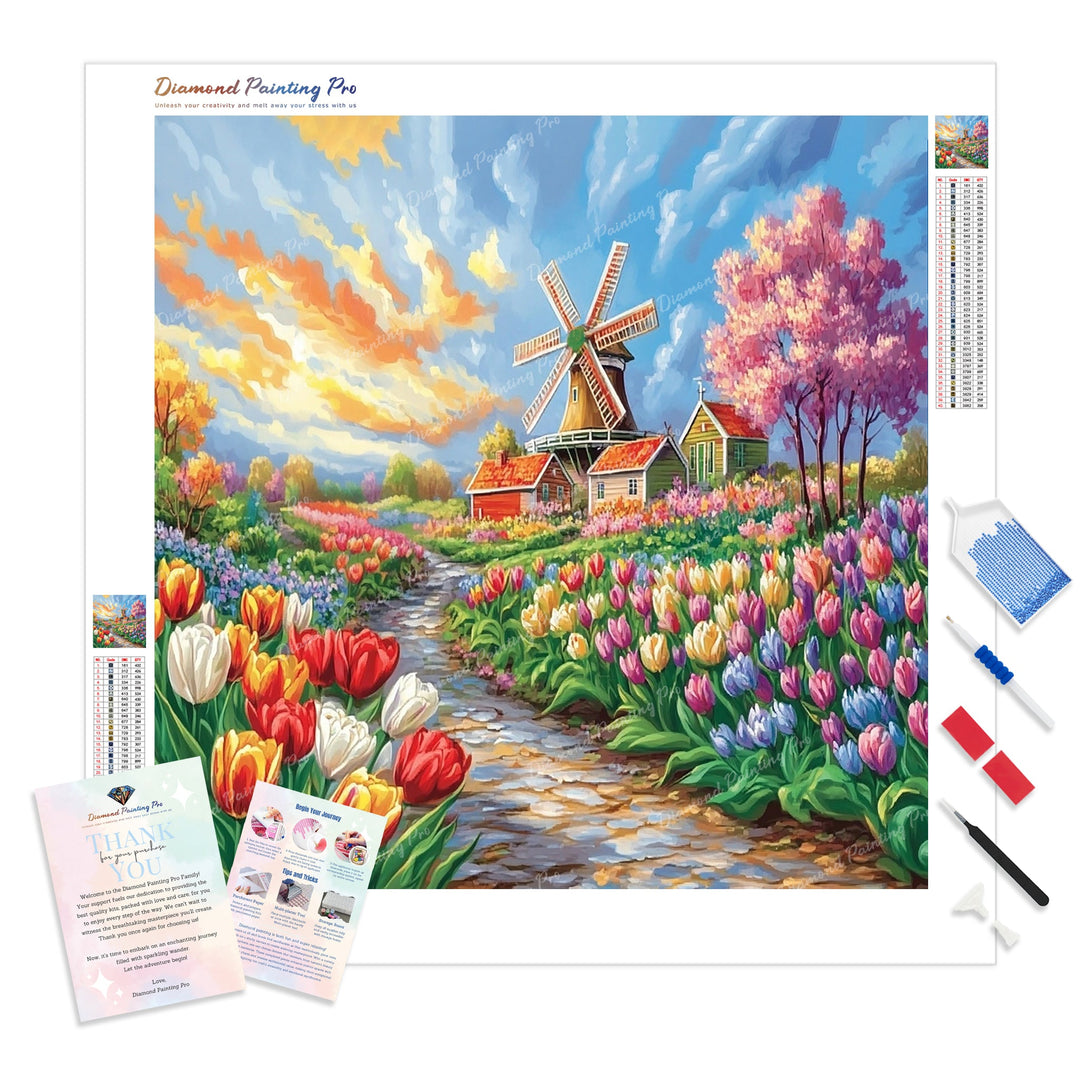 Windmill Tulip Path Diamond Painting Kit - Full Drill / Square or Round Diamonds with AB Drills Option