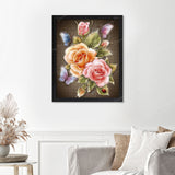 Butterfly on Rose Finished Diamond Painting Displayed with Black Frame as Home Decor