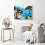 Mediterranean Seaside | Diamond Painting Displayed as Home Decor