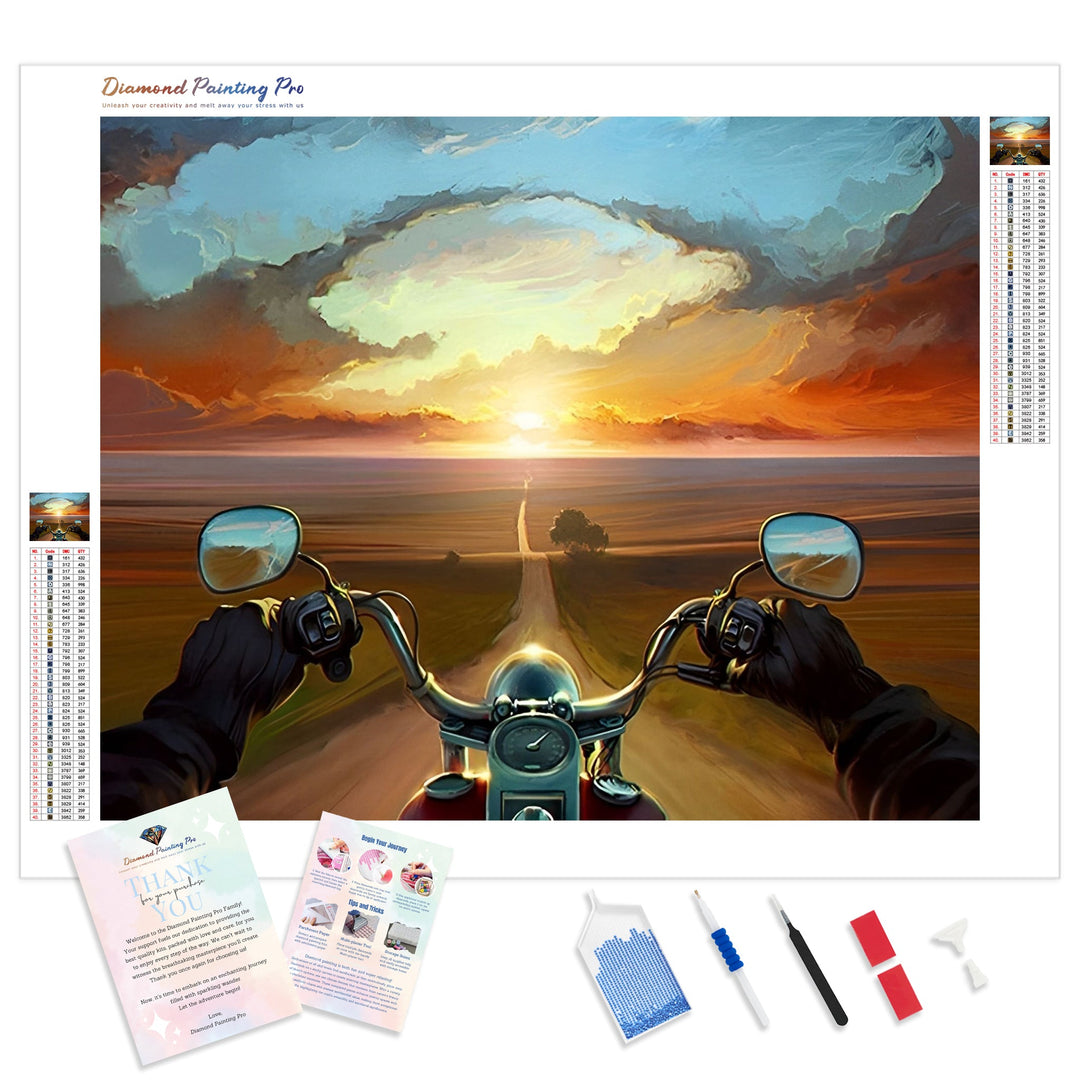 Motorcycle Under Sunset | Diamond Painting Kit - Full Drill - Square or Round Diamonds with AB Drills Option