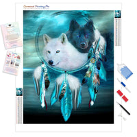 Black and White Wolf Dream Catcher | Diamond Painting Kit - Full Drill - Square or Round Diamonds with AB Drills Option