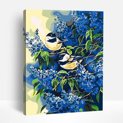 Chickadees and Blue Flowers | Paint By Numbers