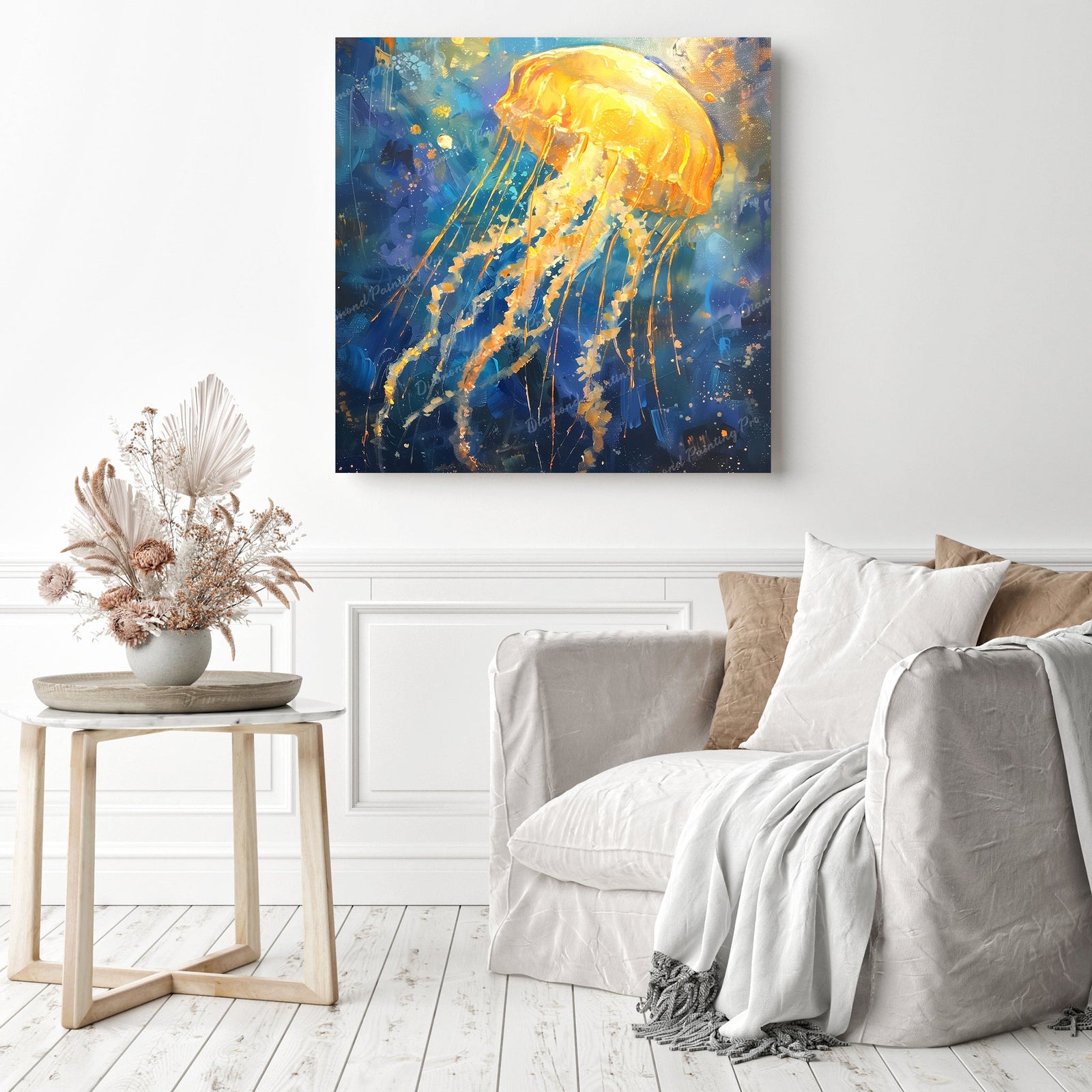 Golden Jellyfish | Diamond Painting Displayed as Home Decor