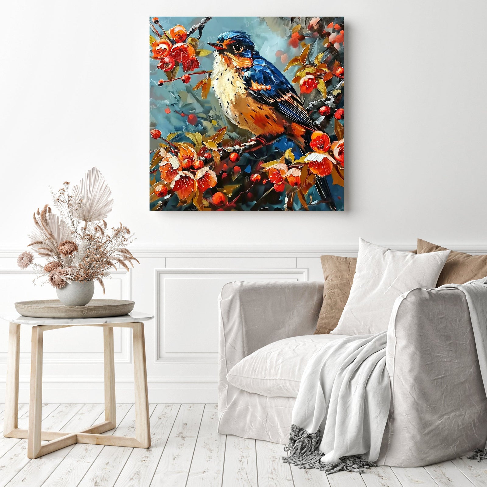 Berry Branch Finch | Diamond Painting Displayed as Home Decor