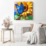 Blue Bliss on Gold | Diamond Painting Displayed as Home Decor