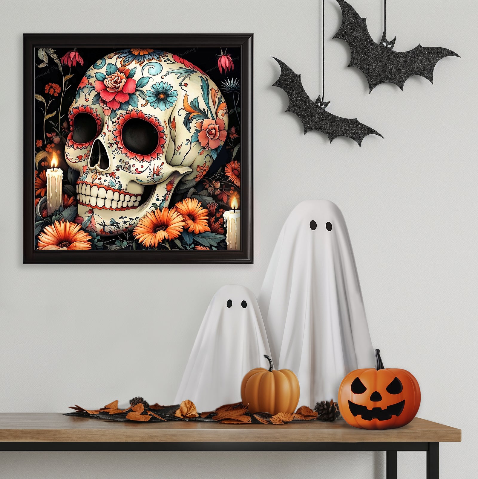 Candlelit Skulls | Diamond Painting Displayed as Home Decor