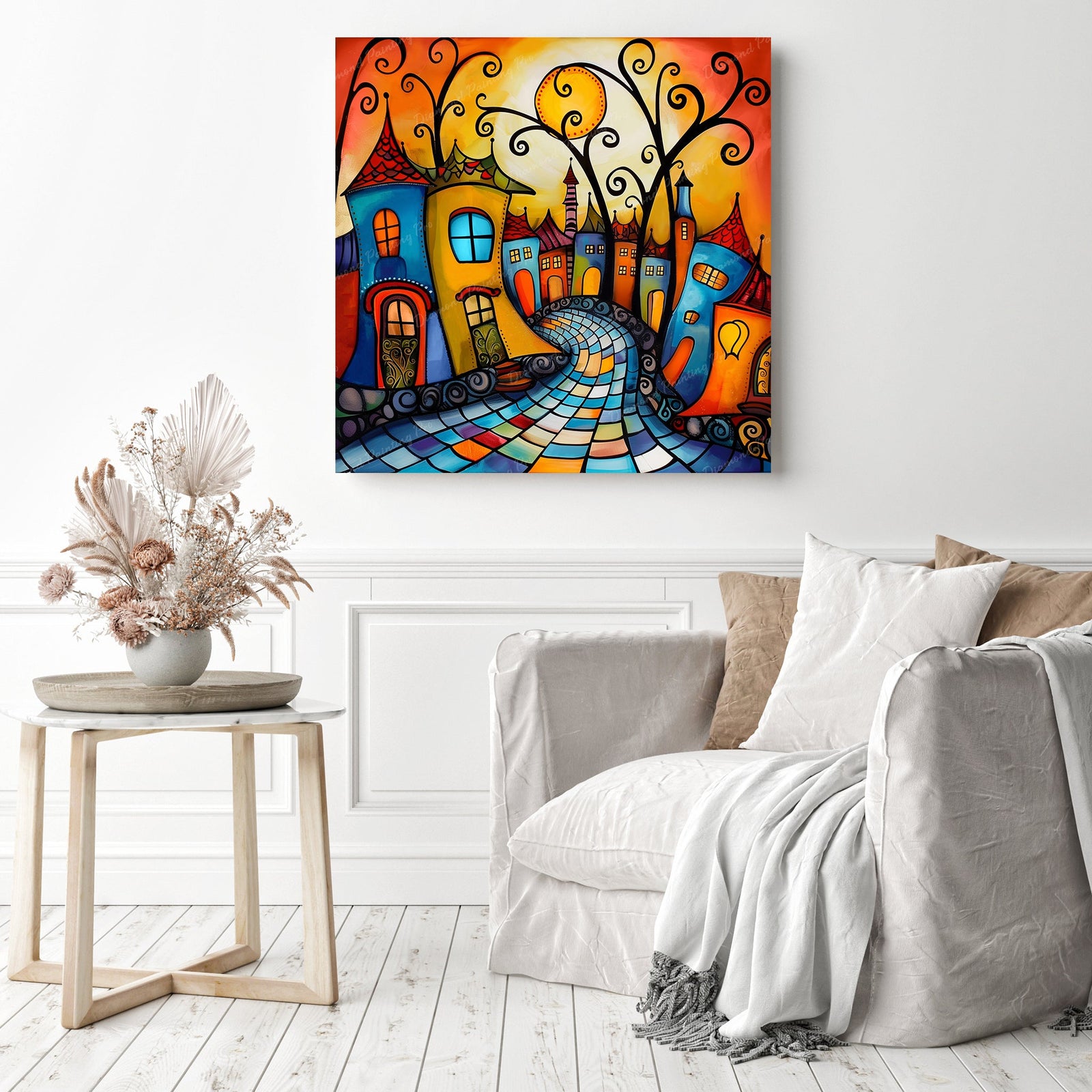 Colorful Town Houses | Diamond Painting Displayed as Home Decor