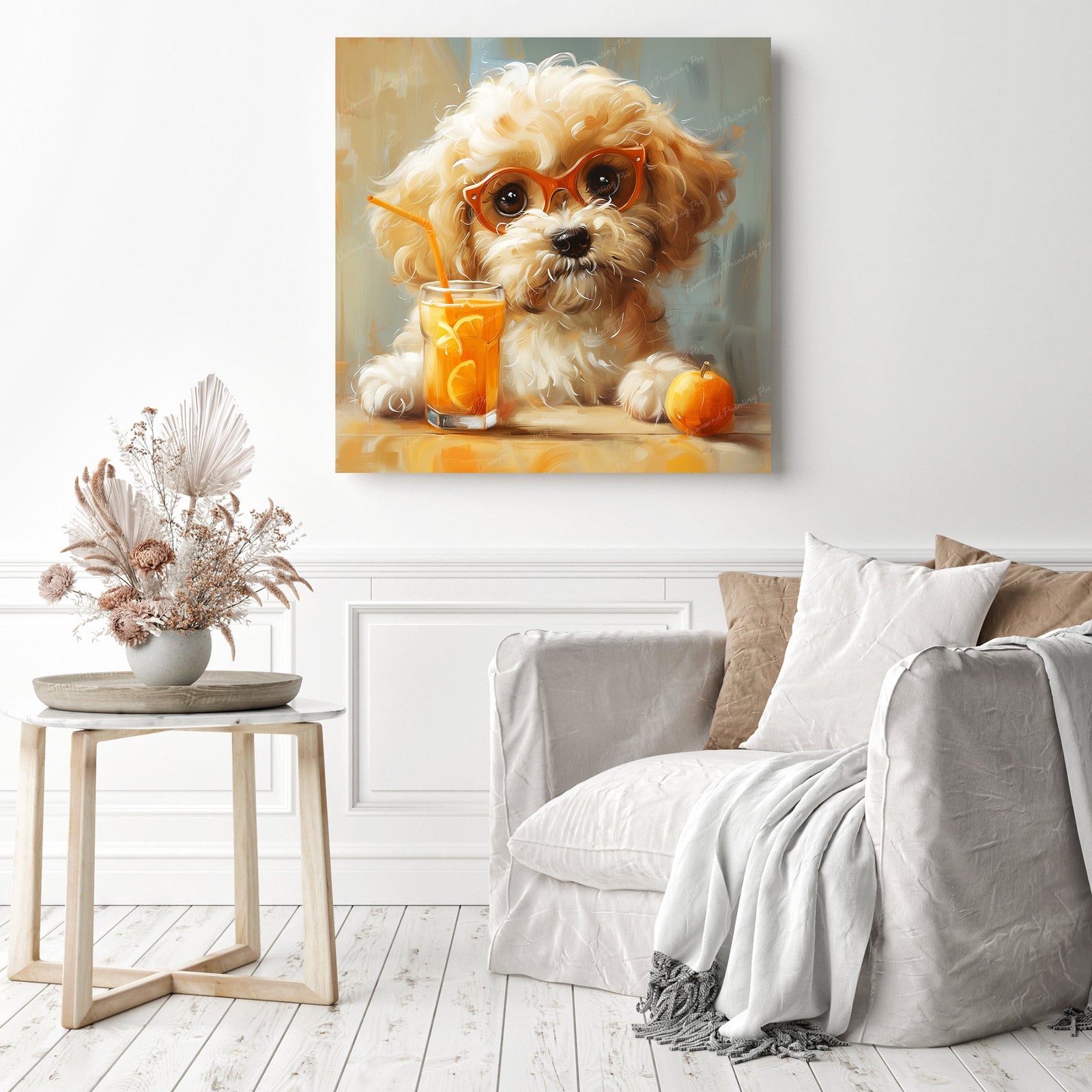 Puppy's Orange Juice | Diamond Painting Displayed as Home Decor