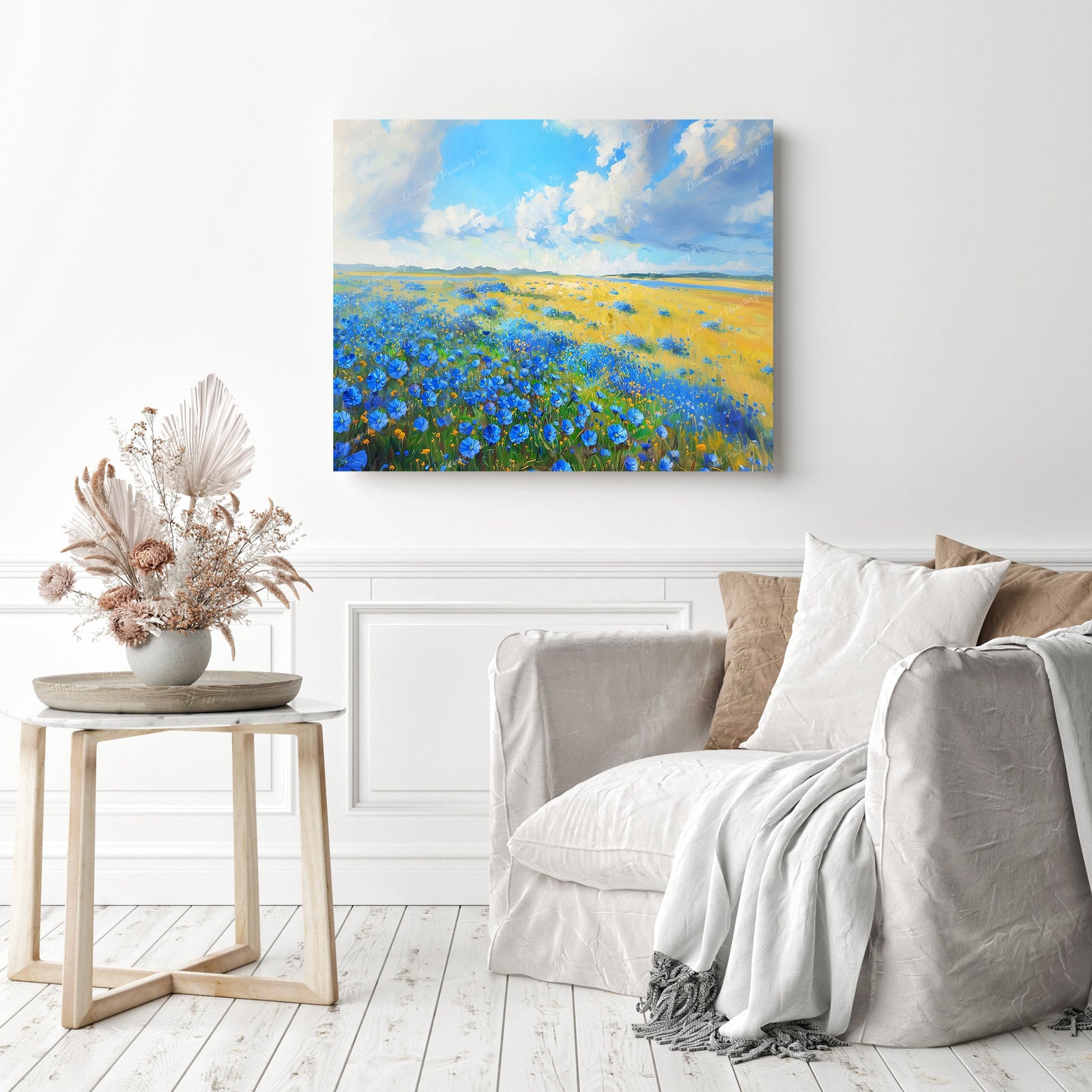 Blue Flower Field | Diamond Painting Displayed as Home Decor