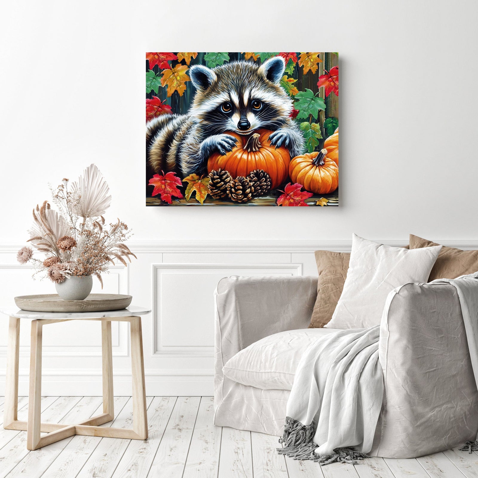 Raccoon's Pumpkin Snuggle | Diamond Painting Displayed as Home Decor