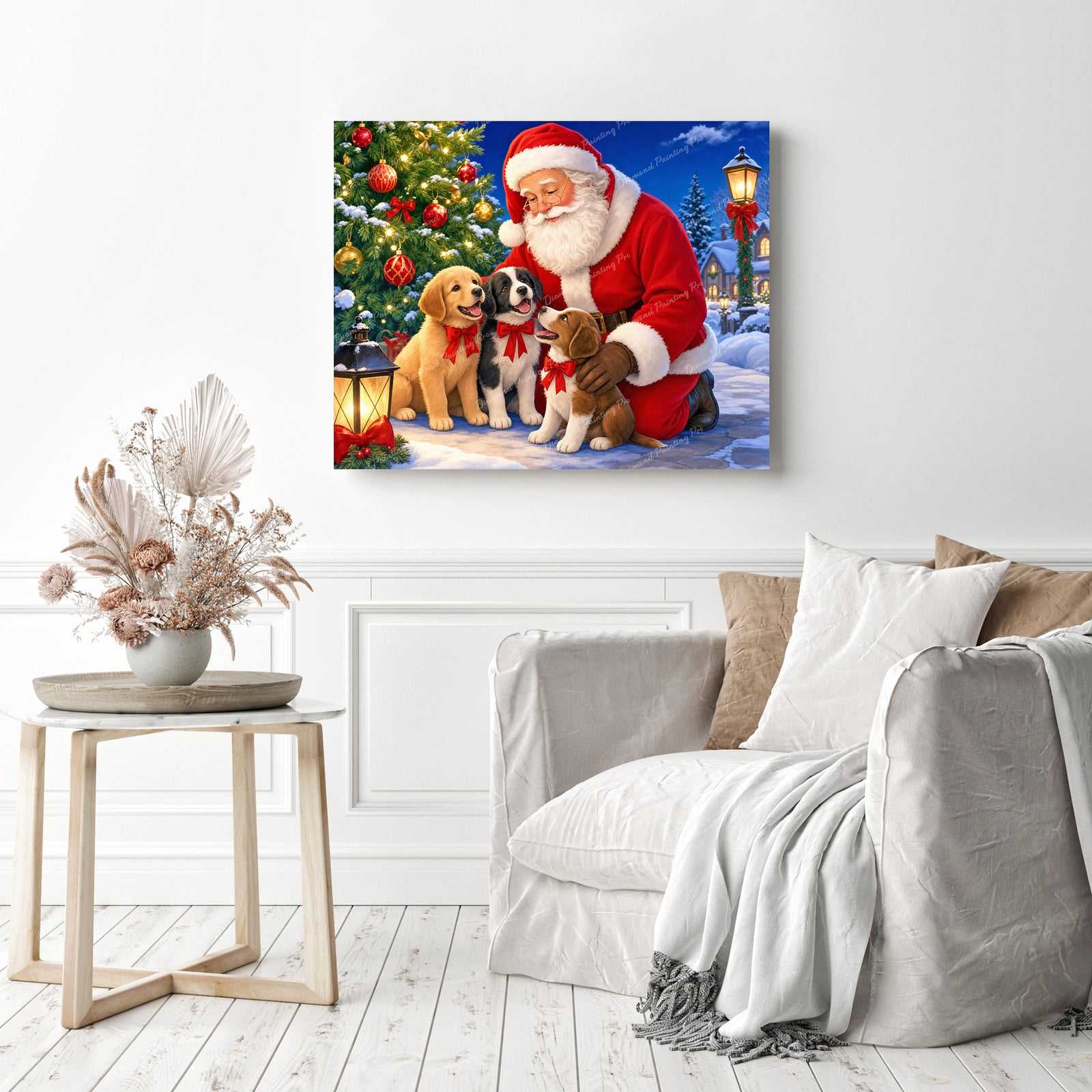 Santa with Three Puppies Diamond Painting as Home Decor