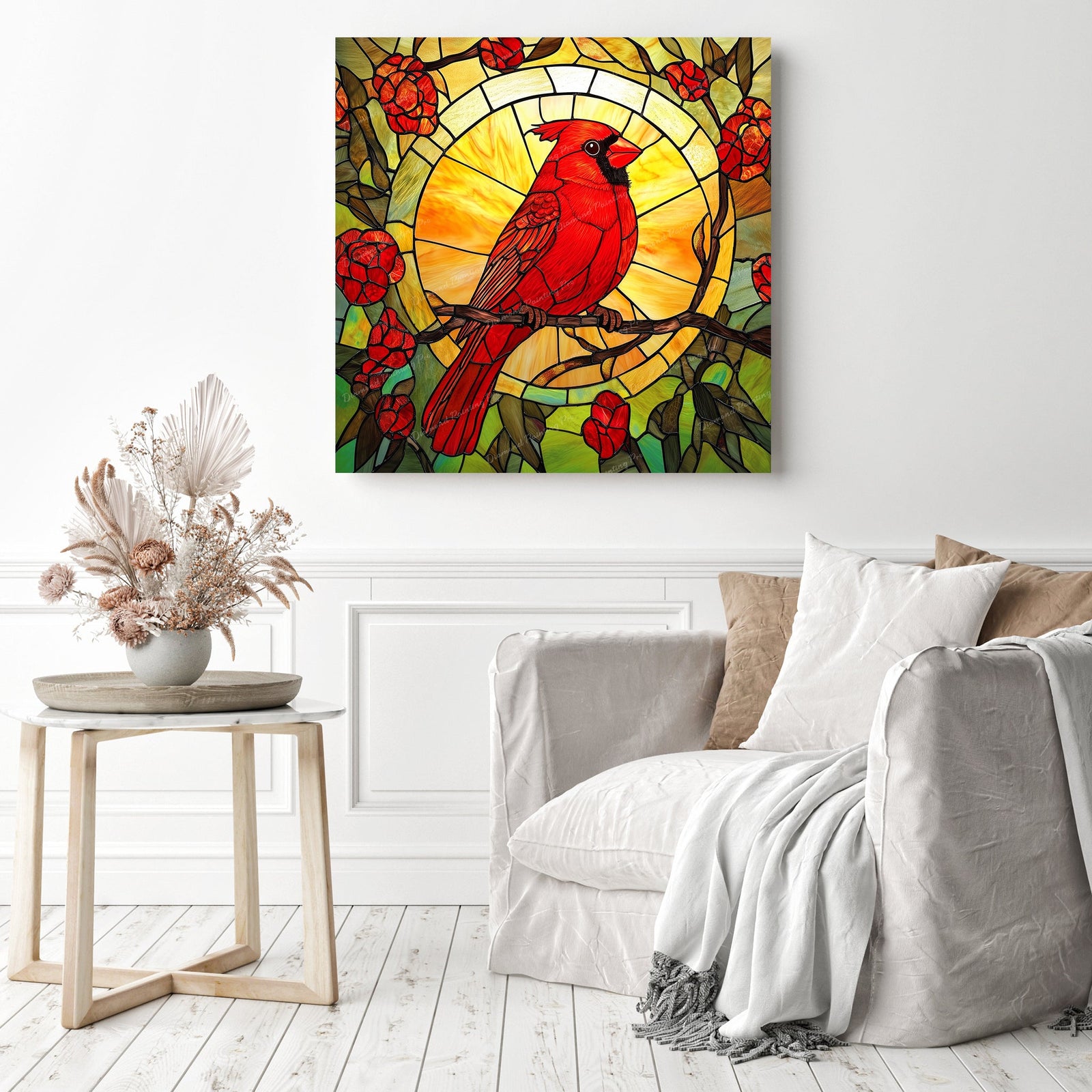 Stained Glass Cardinal Glow | Diamond Painting Displayed as Home Decor