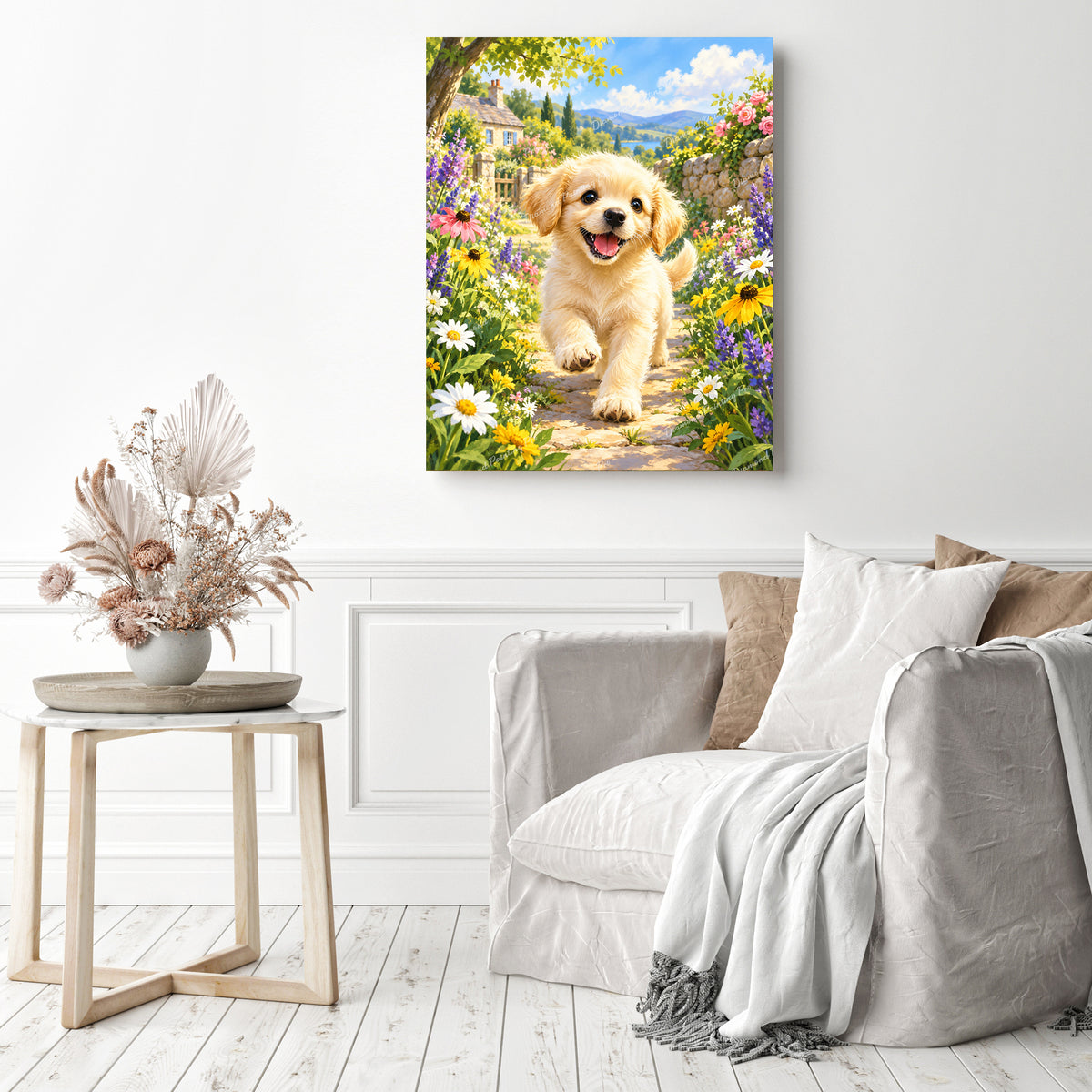 Sunlit Puppy Trot Diamond Painting as Home Decor