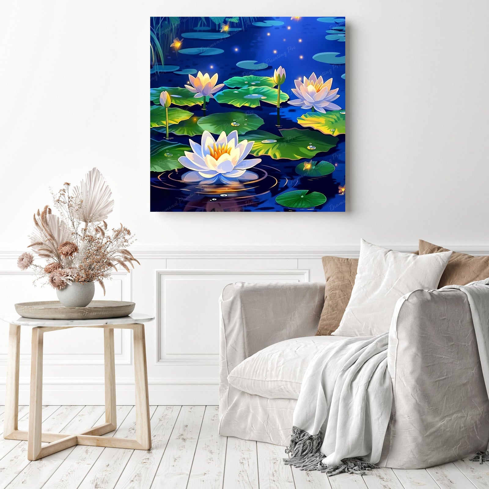 Waterlily with Firefly | Diamond Painting Displayed as Home Decor