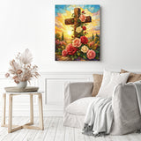 Wooden Cross with Roses Diamond Painting as Home Decor