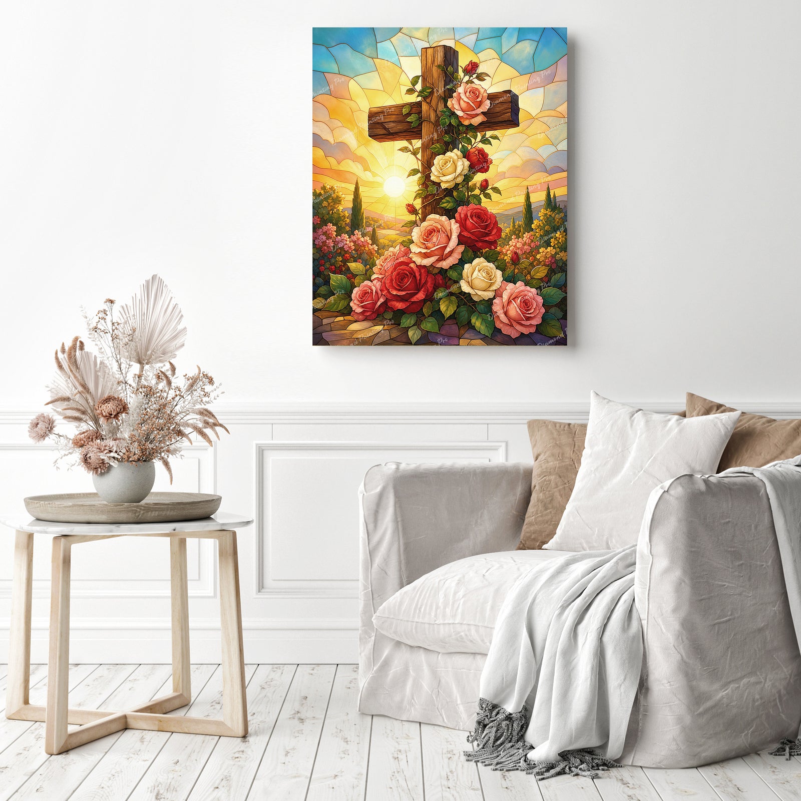 Wooden Cross with Roses Diamond Painting as Home Decor
