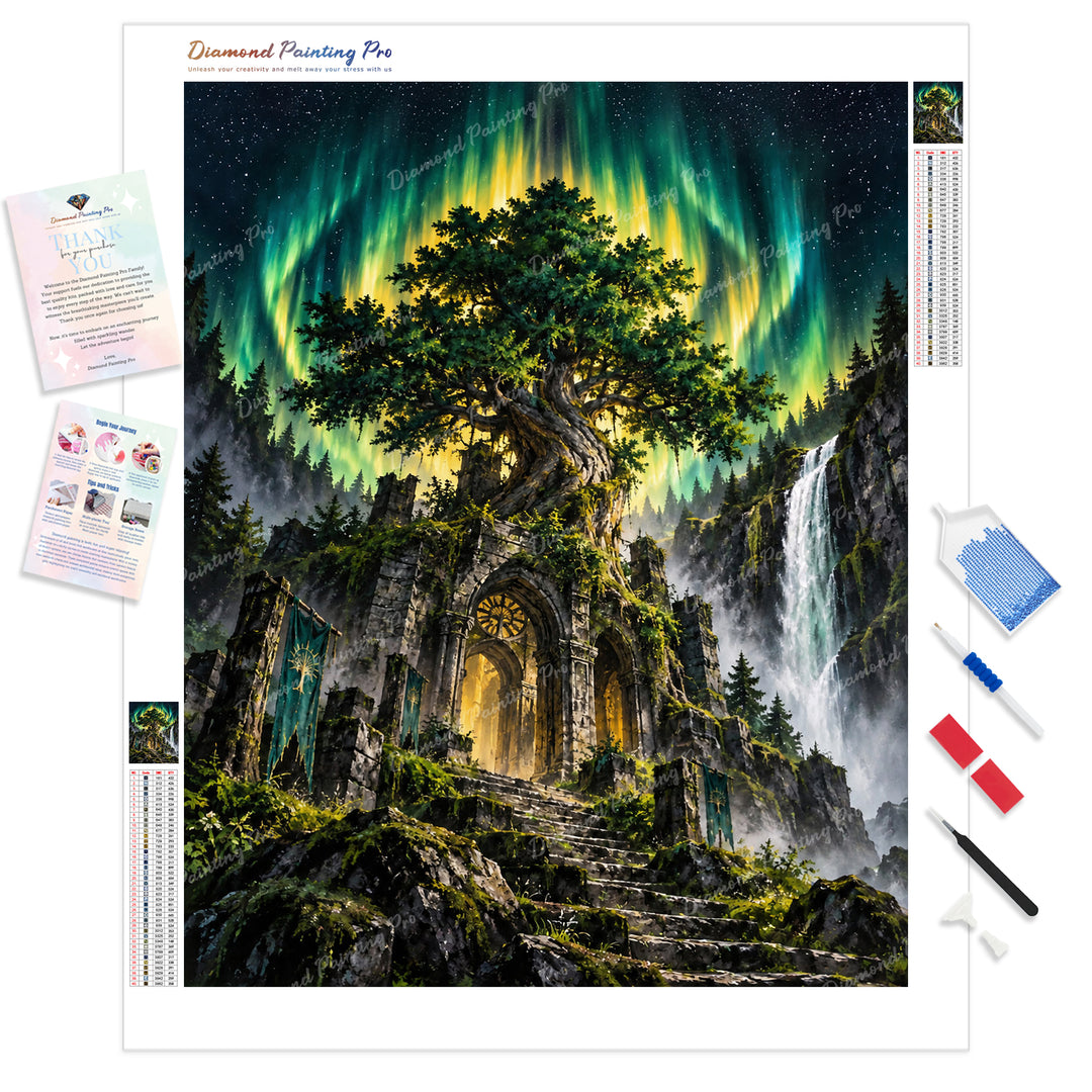 Aurora Tree Temple Diamond Painting Kit - Full Drill / Square or Round Diamonds with AB Drills Option
