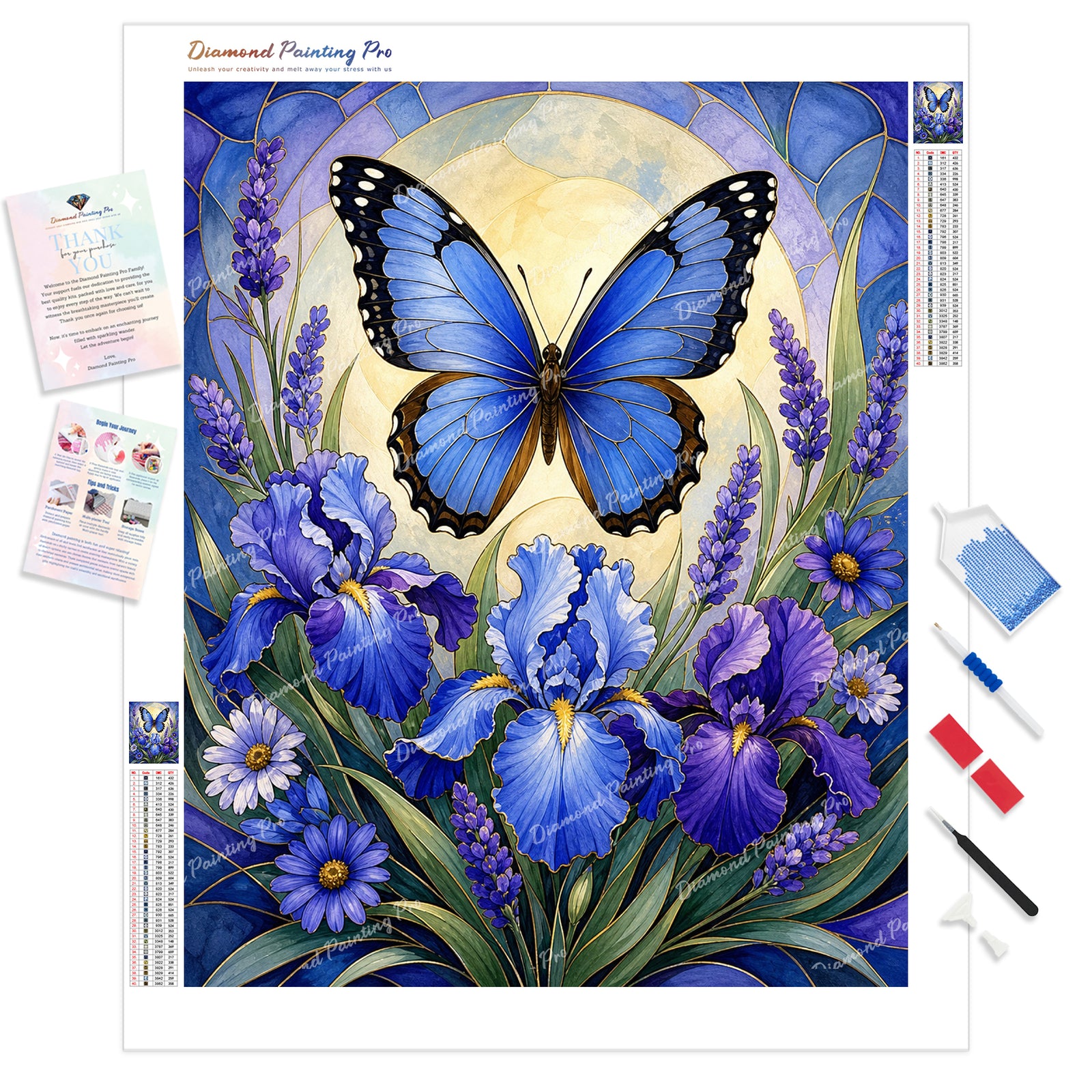 Butterfly and Irises Diamond Painting Kit - Full Drill / Square or Round Diamonds with AB Drills Option