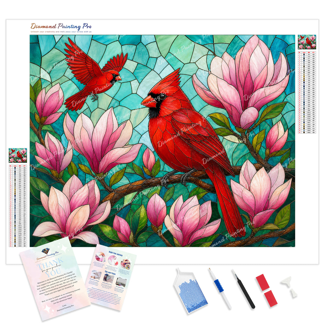 Cardinals and Magnolias Diamond Painting Kit - Full Drill / Square or Round Diamonds with AB Drills Option