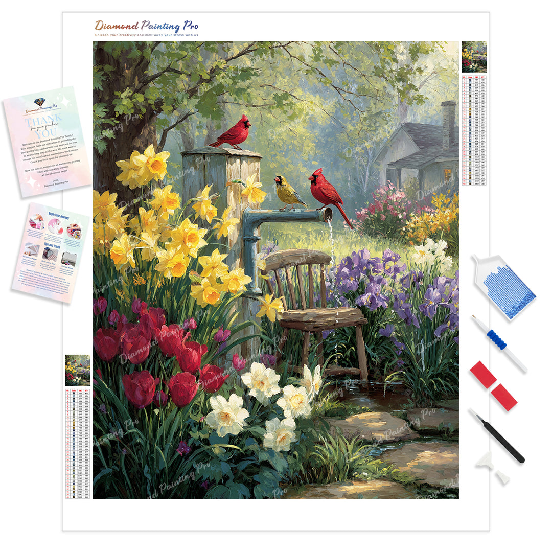Cardinals in Spring Garden Diamond Painting Kit - Full Drill / Square or Round Diamonds with AB Drills Option