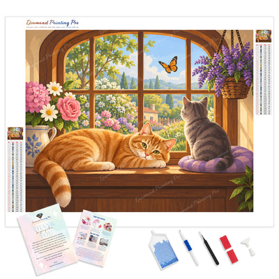 Cats by Sunny Window Diamond Painting Kit - Full Drill / Square or Round Diamonds with AB Drills Option