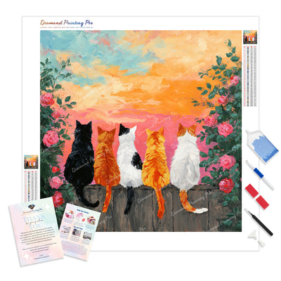 Cats on Fences Diamond Painting Kit - Full Drill / Square or Round Diamonds with AB Drills Option