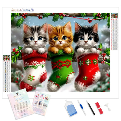 Christmas Stocking Kittens Diamond Painting Kit - Full Drill / Square or Round Diamonds with AB Drills Option