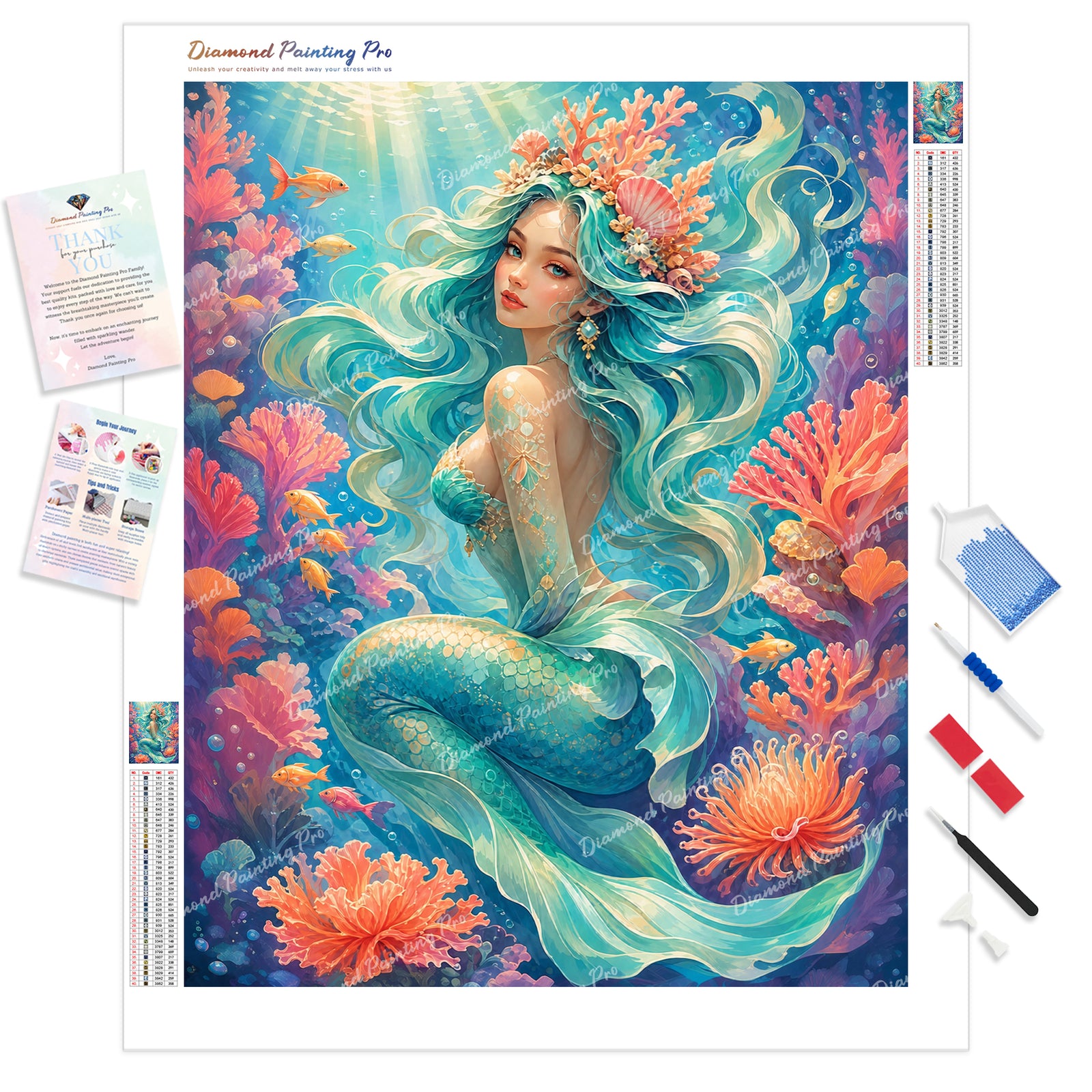 Coral Reef Mermaid Diamond Painting Kit - Full Drill / Square or Round Diamonds with AB Drills Option