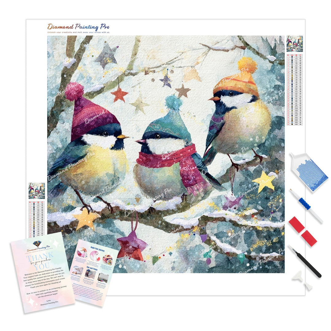 Cozy Hat Chickadees Diamond Painting Kit - Full Drill / Square or Round Diamonds with AB Drills Option